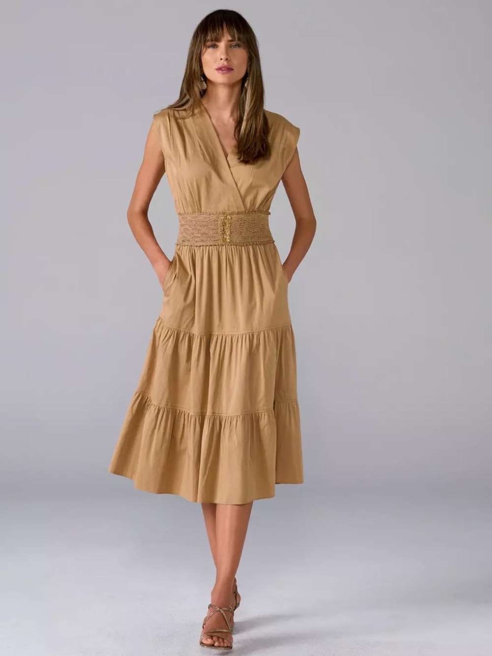 Boston Proper Crochet Trim Poplin Tiered Midi Dress Tan Boho Western Medium $120